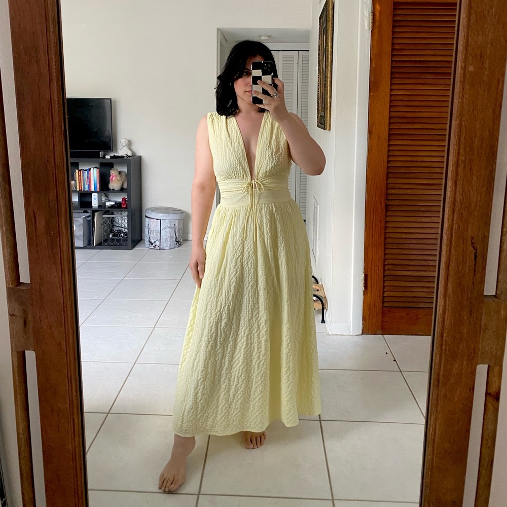 Abercrombie & Fitch Yellow M Seersucker Ruched MIDI Dress Wedding Guest